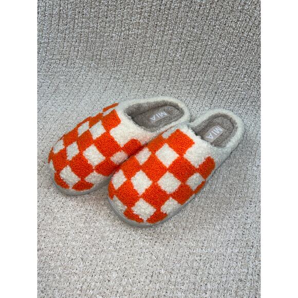 Mia Cozi Faux Fur Check Slide Slippers Women's Orange/Cream Size US7M EU38 - Picture 8 of 8